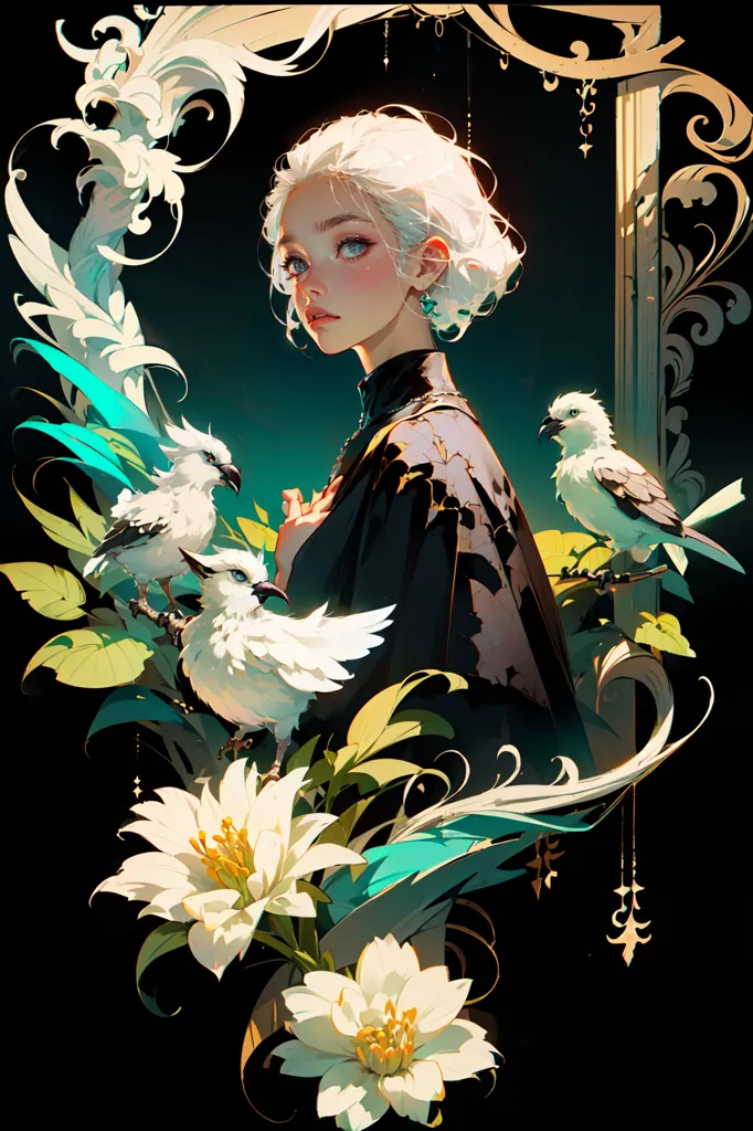 The image is a portrait of a beautiful woman with long white hair and blue eyes. She is wearing a black dress with a white collar. The woman is standing in front of a dark background, with a white bird perched on her shoulder and two white birds flying around her. The image is surrounded by a frame of white flowers and leaves.