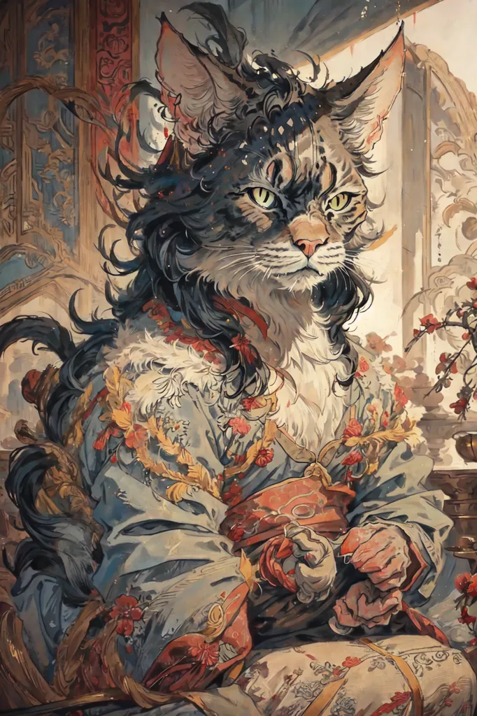 The image is a painting of a cat in a kimono. The cat is sitting on a chair and is looking at the viewer with a serious expression. It is wearing an elaborate kimono with floral and leaf patterns. The cat's fur is long and black, and its eyes are green. The background of the painting is a blur of color, with a few discernible objects, such as a vase and a plant.