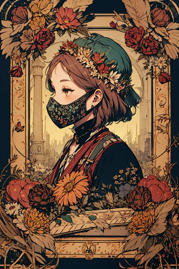 The picture shows a young woman with short brown hair. She is wearing a black kimono with red and gold accents. The woman is standing in front of a mirror. There are flowers and plants all around her. The woman is wearing a mask. The mask is decorated with a floral pattern. The woman's eyes are looking down. She has a sad expression on her face.