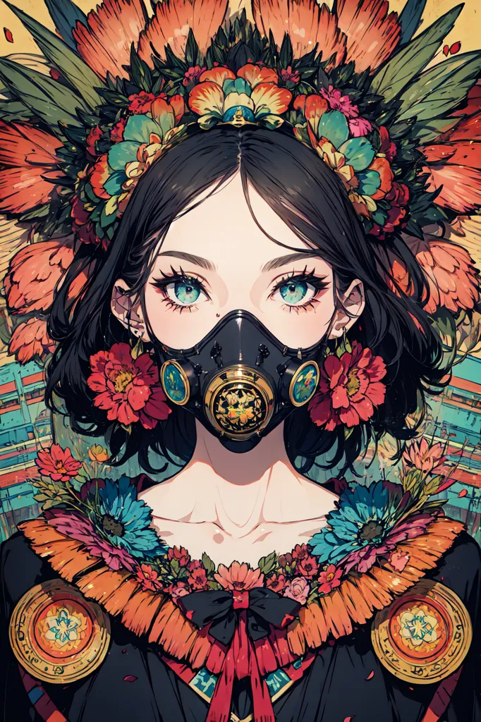 Esta imagem é um retrato de uma jovem mulher, com cabelos escuros e olhos azuis. Ela está usando uma máscara de gás preta, com detalhes dourados, e uma coroa de flores e folhas em sua cabeça. Ela também está usando um vestido preto com uma fita vermelha no pescoço. O fundo é azul claro, com um padrão de hexágonos multicoloridos.