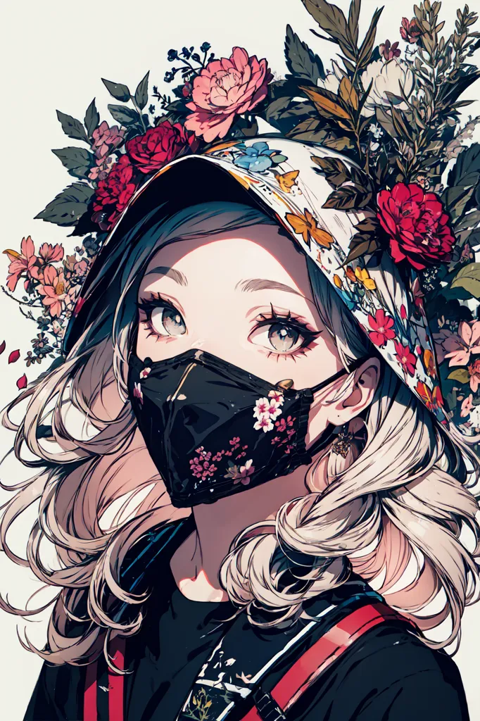 The image is a portrait of a young woman with long, flowing hair with her head tilted a bit downwards at an angle. She is wearing a black surgical mask with a floral pattern and a floral headscarf. The headscarf is white with red, pink, and yellow flowers. She is also wearing a black jacket with a red and white striped collar. There are various types of flowers surrounding her head.