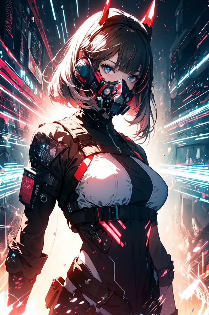 This is an image of a young woman. She appears to be wearing some kind of futuristic outfit, with a mask over her mouth and nose, and a device on her right arm. She has short brown hair and red eyes, and there is a red light reflecting on her face. She is standing in a dark place, with bright lights in the background.