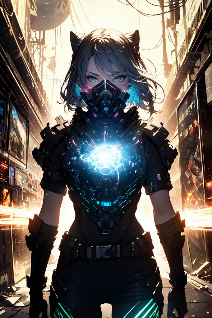 A young woman with cat ears is standing in a dark alleyway. She is wearing a black and blue bodysuit with a gas mask and a glowing blue orb in the center of her chest. She has a determined look on her face and is ready to fight.