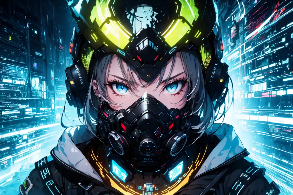 The image is a portrait of a young woman wearing a futuristic helmet and gas mask. Her eyes are a bright blue color, and her hair is silver. She is wearing a black and green outfit. The background is a dark city with bright lights.