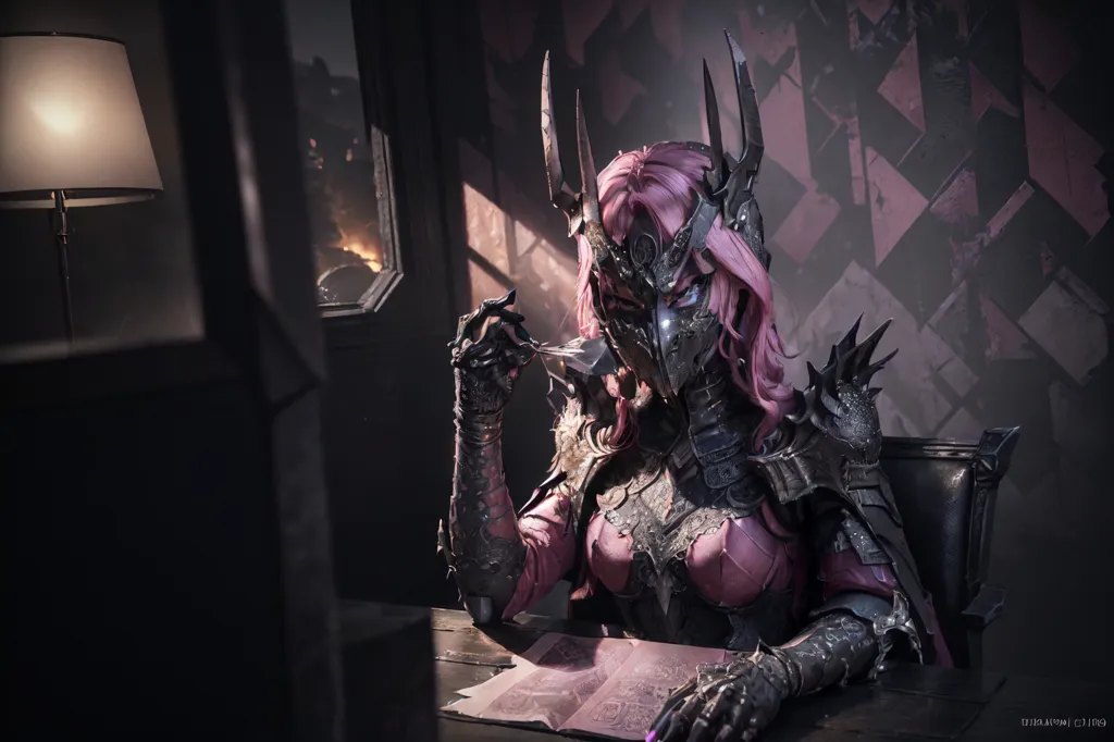 The image is of a woman sitting in a dark room. She is wearing a black and pink armor and has a helmet on her head. The helmet has two large horns on it. She is sitting at a desk and there is a lamp on the desk. There is a map on the desk. The woman is holding a quill in her right hand and is looking at the map. She has a serious expression on her face.