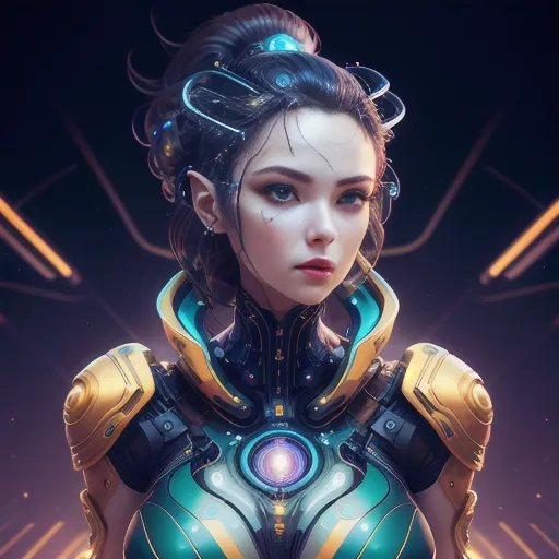 The image is a portrait of a young woman with brown hair and blue eyes. She is wearing a futuristic suit of armor that is green and gold. The armor has a glowing blue orb in the center of the chest. The woman's hair is in a ponytail and she has a small device attached to the side of her head. The background is a dark blue with bright lights in the distance.