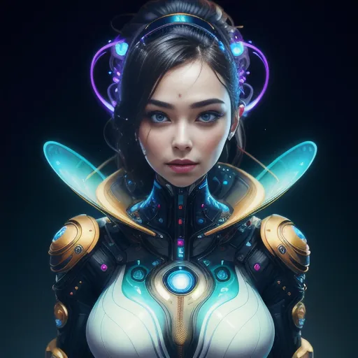 This is an image of a young woman who appears to be a cyborg. She has brown hair, blue eyes, and a fair complexion. She is wearing a white and gold bodysuit with a blue light in the center of her chest. She also has a number of cybernetic enhancements, including a metal headband, shoulder pads, and a robotic arm. The background is dark with a blue light on the left side.