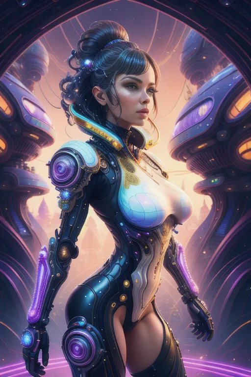 This is an image of a woman standing in front of a futuristic cityscape. She is wearing a black and blue bodysuit with purple accents. The bodysuit has a high collar and a plunging neckline. She is also wearing a pair of black boots. The woman has long black hair and blue eyes. She is standing with her hands on her hips and is looking at the viewer with a confident expression. The background of the image is a futuristic cityscape. There are tall buildings and flying cars. The sky is a dark blue color.