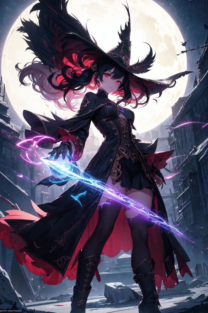 The image is of an anime-style witch with long black and red hair. She is wearing a black and red witch hat and a black dress with red accents. She is also wearing black boots and a red belt. She is standing in a ruined city with a full moon in the background. She is holding a sword in her right hand and has her left hand outstretched. The sword is glowing blue, and there is a magical symbol in her left hand.