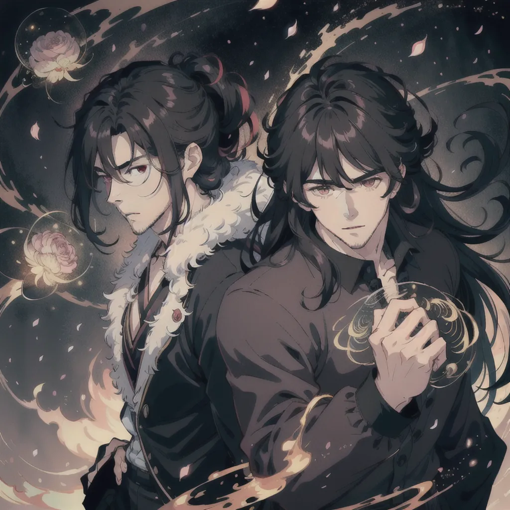 The image is of two men with long black hair. They are both wearing black suits. The man on the left has a white rose in his hair and the man on the right has a red rose in his hair. The background is a dark color with a few white and red rose petals floating around.