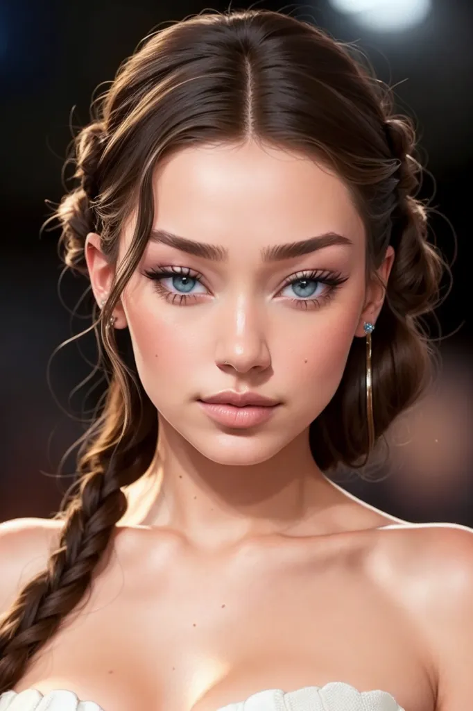 The image shows a young woman with long, wavy brown hair. Her hair is styled in a half-up, half-down hairstyle with two braids framing her face. The rest of her hair is left loose and flowing over her shoulders. Her eyes are a light blue color and she has long, dark eyelashes. Her eyebrows are arched and she has a small, straight nose. Her lips are full and a glossy pink color. She is wearing a white strapless dress and a gold necklace. The background is a dark color with two bright lights in the top right corner.