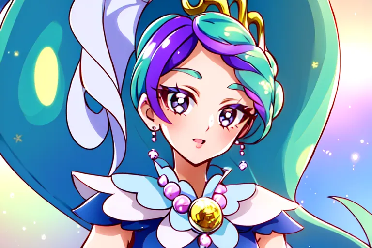 The image is a drawing of a young girl with long, flowing hair. The girl is wearing a blue and white dress with a yellow and white flower-shaped brooch in the center. She has blue eyes and purple and blue hair styled in a way that resembles a mermaid's tail. She is also wearing a tiara with a pink heart-shaped gem in the center. The background of the image is a light blue color with sparkles of yellow, pink, and blue.