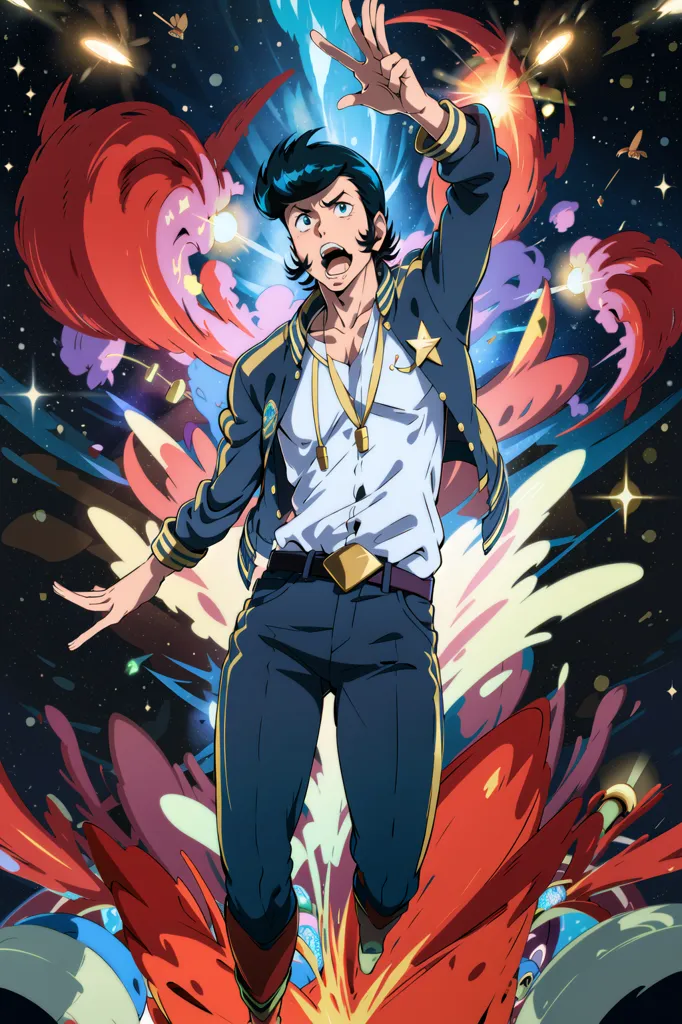 This is an illustration of a scene from the anime series Space Dandy. The image shows Dandy, a dandy alien hunter, in a dynamic pose. He is wearing his signature outfit, which consists of a white shirt, blue jacket, and brown boots. His hair is styled in a pompadour and he has a confident expression on his face. He is surrounded by colorful explosions and has one arm outstretched. The background is filled with stars and galaxies, suggesting that Dandy is in the midst of an adventure.