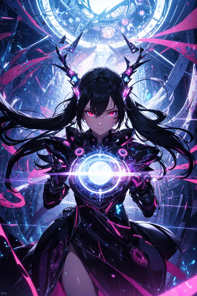 This is an image of a futuristic anime girl with long black hair and red eyes. She is wearing a black and purple bodysuit with a large glowing orb in the center. She is standing in front of a large clockwork mechanism with a blue background.