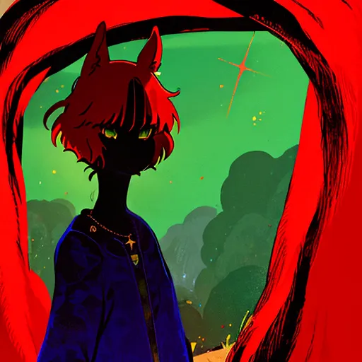 This image shows a red-haired anime boy with cat ears and green eyes. He is wearing a blue robe with a white star on it. He is standing in a red portal, and there is a green forest behind him. The sky is dark, and there are stars in the sky.