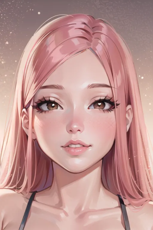 The image is a digital painting of a young woman with pink hair and brown eyes. She is wearing a black swimsuit with a white collar. The background is a gradient of light pink to dark pink. The woman's expression is soft and gentle. She is looking at the viewer with her head tilted slightly to the right. Her hair is long and flowing, and she has a few loose strands of hair on her forehead. Her skin is fair and flawless. She has a small, pink nose and full, pink lips. Her eyes are almond-shaped and her eyelashes are long and dark. She has a beauty mark on her right cheek. The painting is done in a realistic style, and the artist has paid close attention to detail. The woman's expression is captured perfectly, and the painting has a sense of warmth and intimacy.