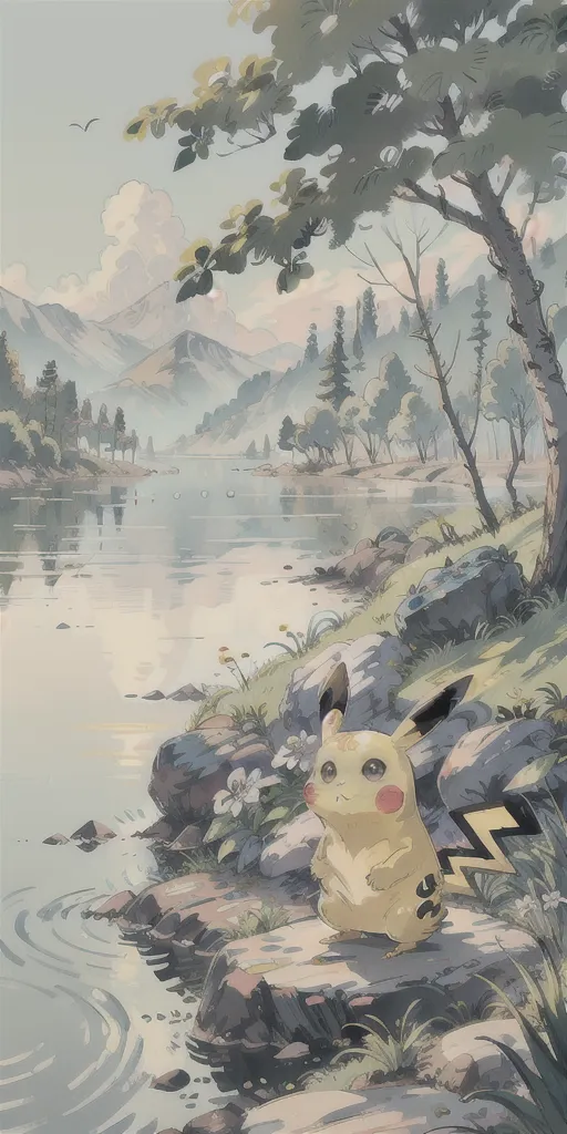 The image is of a Pikachu, a character from the Pokemon franchise. It is standing on a rock at the edge of a lake, looking out at the water. There are trees and mountains in the background. The water is very calm and there are a few small waves lapping at the shore. There are some rocks in the foreground and some grass and flowers growing on the shore. The sky is blue and there are some clouds in the distance.