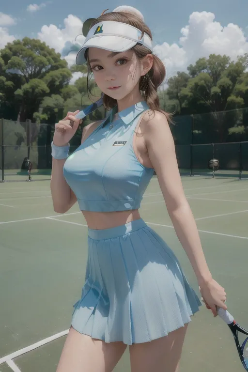 The image is a digital painting of a young woman in a tennis outfit. She is wearing a white visor, a blue tank top, and a blue pleated skirt. She is holding a tennis racket in her right hand and is looking at the camera with a confident expression. She has brown hair and brown eyes. The background is a tennis court with green trees in the distance. The image is drawn in a realistic style and the colors are vibrant and bright.