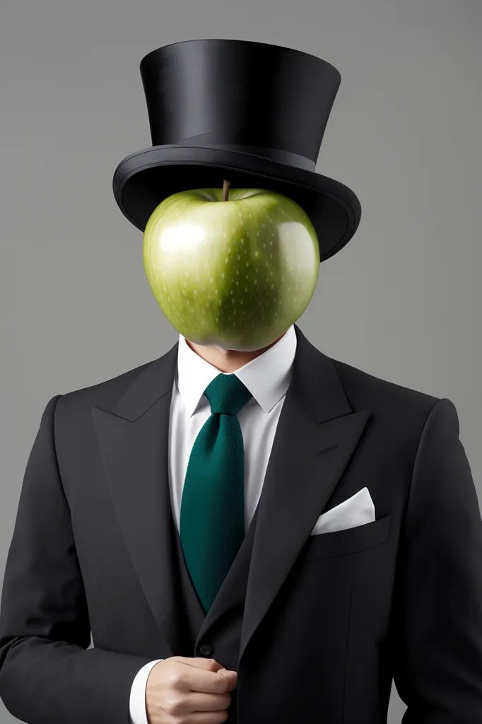 The image shows a man in a black suit and tie with a green apple for a head. He is wearing a black top hat and has his hands clasped in front of him. The background is a light gray.