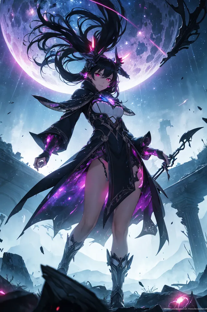 The image is of a young woman with long black hair and purple eyes. She is wearing a black and purple dress with a high collar and a long skirt. She is also wearing a pair of black boots and a pair of black gloves. She is standing in a ruined city, and there is a large moon in the background. The woman is surrounded by purple energy, and she has a determined expression on her face.