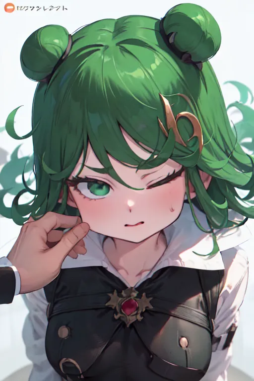 The image is of a young woman with green hair and green eyes. She is wearing a black and white outfit with a red gem on her chest. She has a blush on her face and is winking. Someone's hand is cupping her cheek.