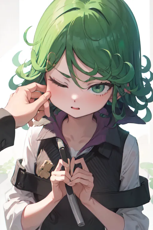 The image is of a young girl with green hair and eyes. She is wearing a white shirt and a black vest. She has a smug expression on her face and is winking at the viewer. A hand is shown pinching her cheek. The background is white.