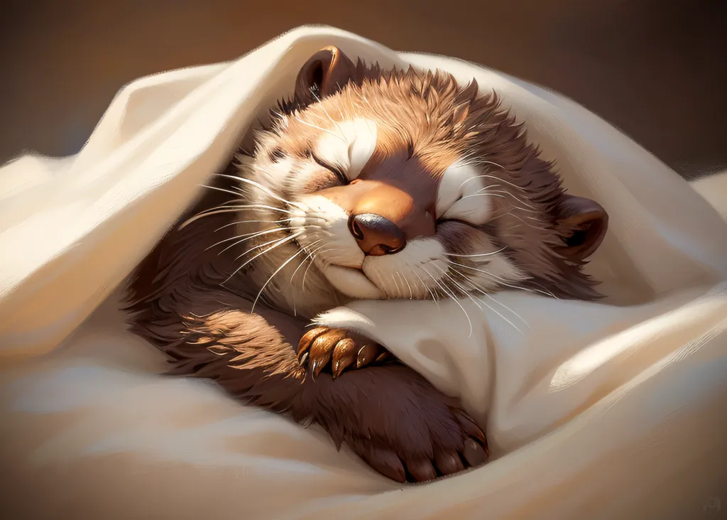 A ferret is sleeping under a white blanket. The ferret is brown and white, and it is curled up with its paws tucked under its head. Its eyes are closed, and it has a peaceful expression on its face. The blanket is soft and fluffy, and it looks very comfortable. The ferret is sleeping in a warm, sunny spot, and it looks like it is having a good dream.