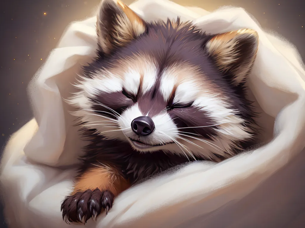 The image shows a baby raccoon sleeping soundly. The raccoon is wrapped in a soft, white blanket and its eyes are closed. Its fur is dark brown and beige, with a distinctive black mask around its eyes. The raccoon's tail is long and fluffy, and its paws are small and delicate. The background of the image is a soft, warm brown color. The raccoon is sleeping peacefully and looks very content.