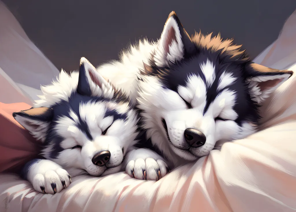 La imagen muestra dos lindos cachorros de lobo de dibujos animados durmiendo sobre una manta rosa. El de la izquierda es más pequeño que el de la derecha. Ambos son de color negro y blanco con ojos azules. El de la izquierda tiene su pata debajo de la cabeza y el de la derecha tiene su pata descansando sobre la espalda del otro.