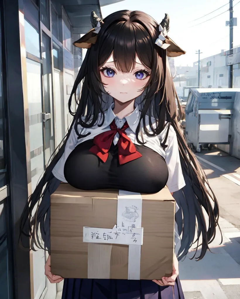 The image depicts an anime-style girl with long brown hair and purple eyes. She is wearing a white blouse with a red ribbon, a black vest, and a pleated skirt. She has brown cow ears and a tail. She is carrying a large brown cardboard box with both hands. The background is a blurred street with buildings and cars.