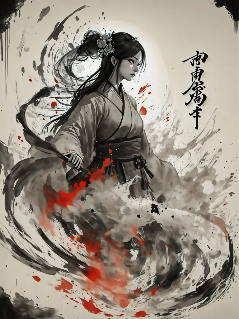 L'image est une peinture d'une femme en kimono. Elle se tient debout, la main gauche levée et la main droite tenant une épée. Elle porte un kimono blanc avec un obi rouge. Ses longs cheveux noirs flottent derrière elle. L'arrière-plan est une éclaboussure d'encre noire et rouge. La peinture est réalisée dans un style réaliste et l'expression de la femme est celle de la détermination et de la concentration.