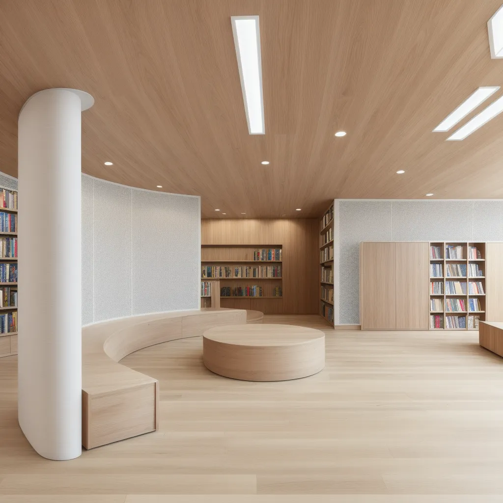 The image shows a modern library with a curved wooden wall and a large round wooden table in the center. There are bookshelves on both sides of the table filled with books. The floor is covered with light wooden planks, and the ceiling is made of wooden panels with two long light fixtures. A large white column is located on the left side of the image.