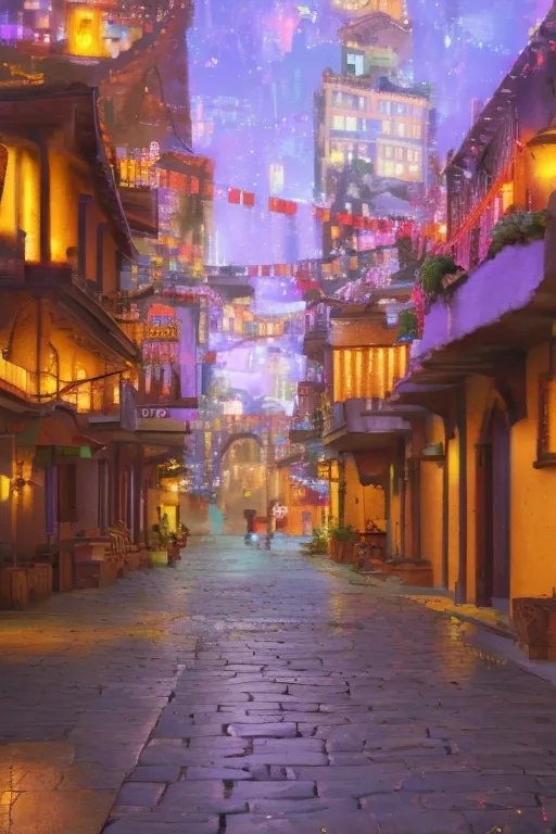 The image is a street scene in a Latin American town. The street is made of cobblestones and lined with colorful buildings. There are people walking on the street. The sky is dark and there are stars in the sky. There are also colorful lights hanging from the buildings. The image is very detailed and captures the beauty of the Latin American culture.