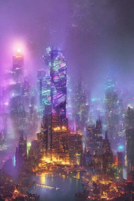 La imagen es una pintura de una ciudad futurista por la noche. La ciudad está llena de rascacielos y otros edificios altos, todos iluminados por brillantes luces de neón y coloridos hologramas. El cielo está oscuro, pero aún se pueden ver algunas estrellas. Hay un río en primer plano, con un puente que lo cruza. La pintura está hecha en un estilo realista, y el artista ha utilizado una variedad de técnicas para crear una sensación de profundidad y atmósfera.