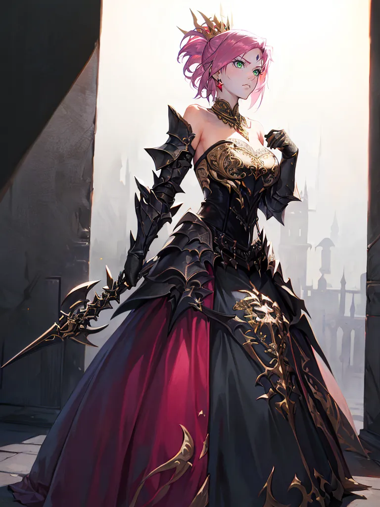 The image is of a woman in a black and red dress. She is wearing a crown and has pink hair. She is also wearing armor and holding a sword. There is a castle in the background.