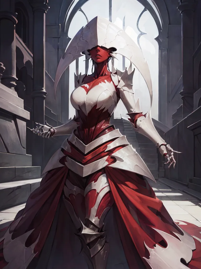 A imagem é de uma mulher alta e esbelta com pele vermelha e cabelos brancos. Ela está usando um vestido justo feito de metal vermelho e branco. O vestido tem um colarinho alto e um longo rabo. A mulher também está usando um capacete com uma viseira. Ela está em pé em uma grande sala de pedra com um teto alto. Há duas grandes colunas ao fundo.