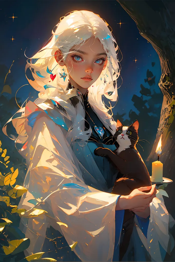 The image is a portrait of a beautiful woman with long white hair and blue eyes. She is wearing a white dress with a blue sash and a white cape. She is holding a black cat in her arms and there is a candle on her right hand. The background is a dark blue night sky with stars. The woman is standing in front of a tree.