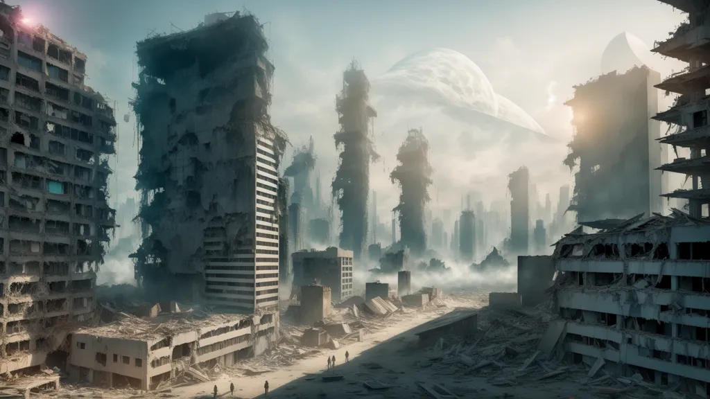 The image shows a ruined city. The buildings are all in ruins, and the streets are littered with debris. There are no people visible in the image, and the city appears to be completely deserted. The sky is dark and cloudy, and the sun is not visible. The image is post-apocalyptic and conveys a sense of hopelessness and despair.