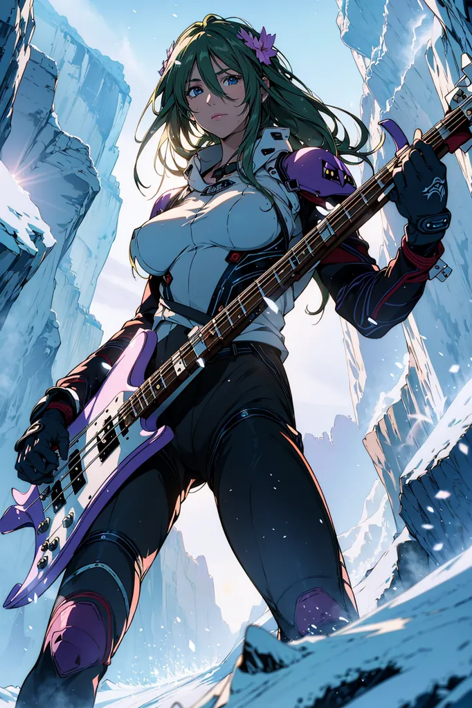 This is an image of a woman playing a bass guitar. She is standing on a snowy mountaintop, and there are large mountains in the background. She is wearing a white and black outfit, and she has green hair and purple eyes. She is playing a pink bass guitar, and she has a determined expression on her face.