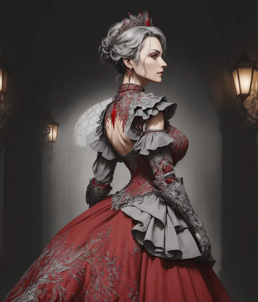 This is an image of a woman wearing a red and gray dress with a silver crown on her head. The dress has a sweetheart neckline and off-the-shoulder sleeves. The skirt is full and flows to the ground. The woman is wearing a necklace and earrings. Her hair is up in a bun and she has a red rose in her hair. She is standing in a dark room with two lanterns on either side of her.