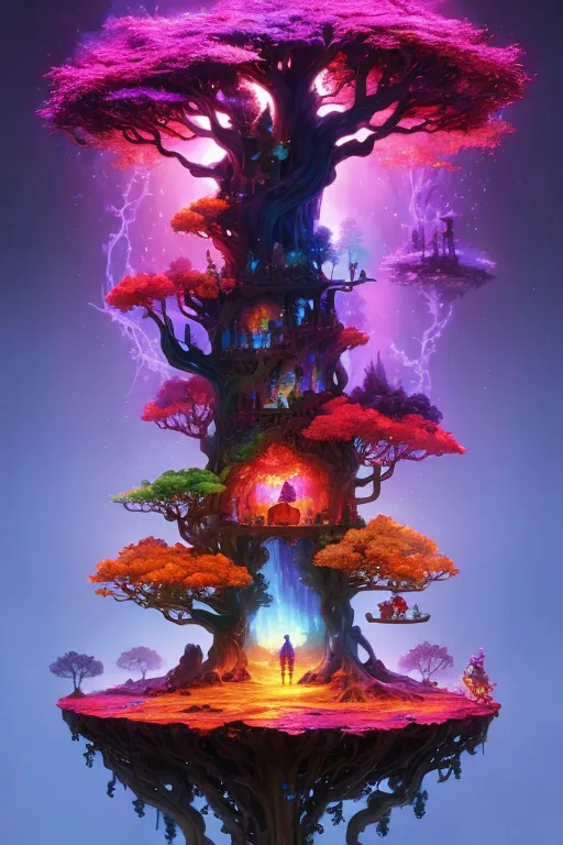 The image is a tall, glowing tree with many branches. The tree is surrounded by a purple sky and there are bolts of lightning in the background. There are several houses built into the tree and there are people on some of the branches. The tree is very colorful and there are many different types of leaves on it. The image is very magical and surreal.