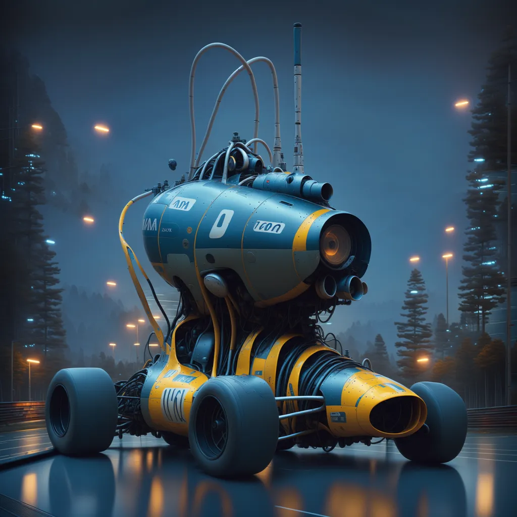 L'image montre une voiture de course futuriste. Elle est bleu foncé et jaune et a un gros moteur à l'arrière. La voiture est également très élancée et aérodynamique. On dirait qu'elle pourrait aller très vite. La voiture est entourée d'arbres et il y a une ville à l'arrière-plan. Le ciel est sombre et nuageux.