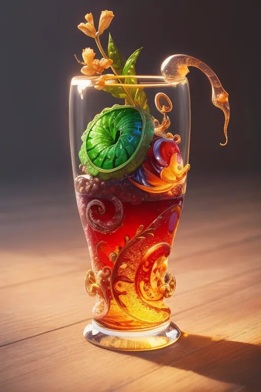 The image shows a glass with a strange drink. The glass is filled with a red liquid. There is also a green ball floating in the liquid. The ball has a hole in the middle and is surrounded by small, white flowers. There is also a strange creature in the glass. The creature is red and has a long, thin body. It is wrapped around the green ball. The creature has a small, white head with two big eyes.