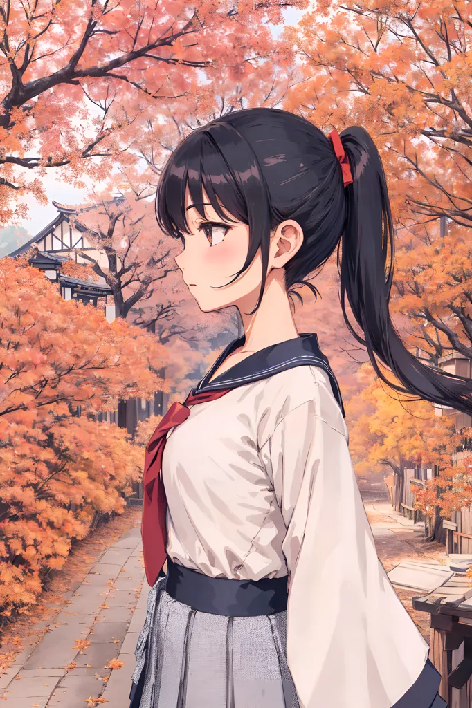 The image is a painting of a young girl in a school uniform. She has long black hair tied in a ponytail, brown eyes, and a fair complexion. She is wearing a white blouse, a gray skirt, and a red ribbon around her neck. She is standing in a park, surrounded by trees with orange leaves. The background is a blur of orange and yellow leaves. The painting is done in a realistic style, and the girl's expression is one of peace and contentment.