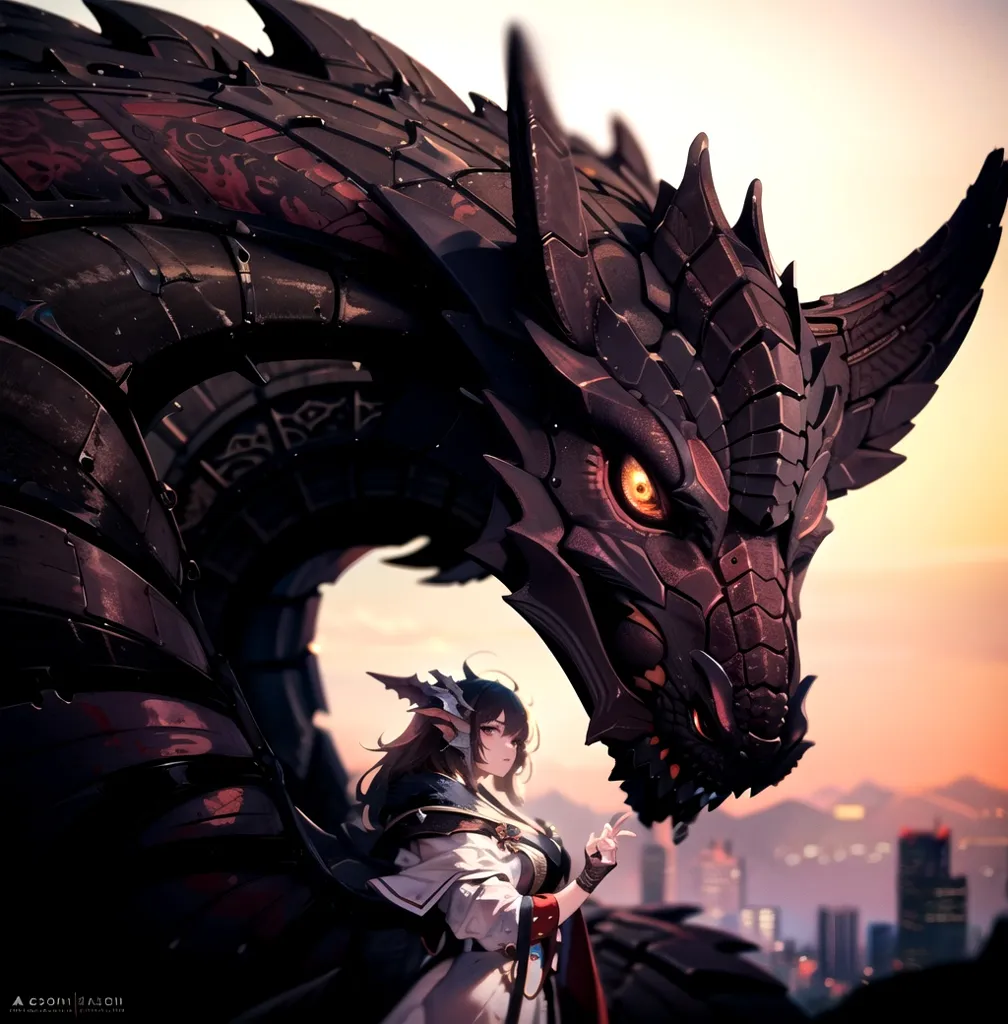 The image is of a black and red dragon with a girl in white and red clothing standing in front of it. The dragon is standing on a rooftop in a city and looking down at the girl. The girl is smiling and has her hand raised, as if she is petting the dragon. The dragon has its eyes closed and looks like it is enjoying being petted. The background of the image is a blurred city.