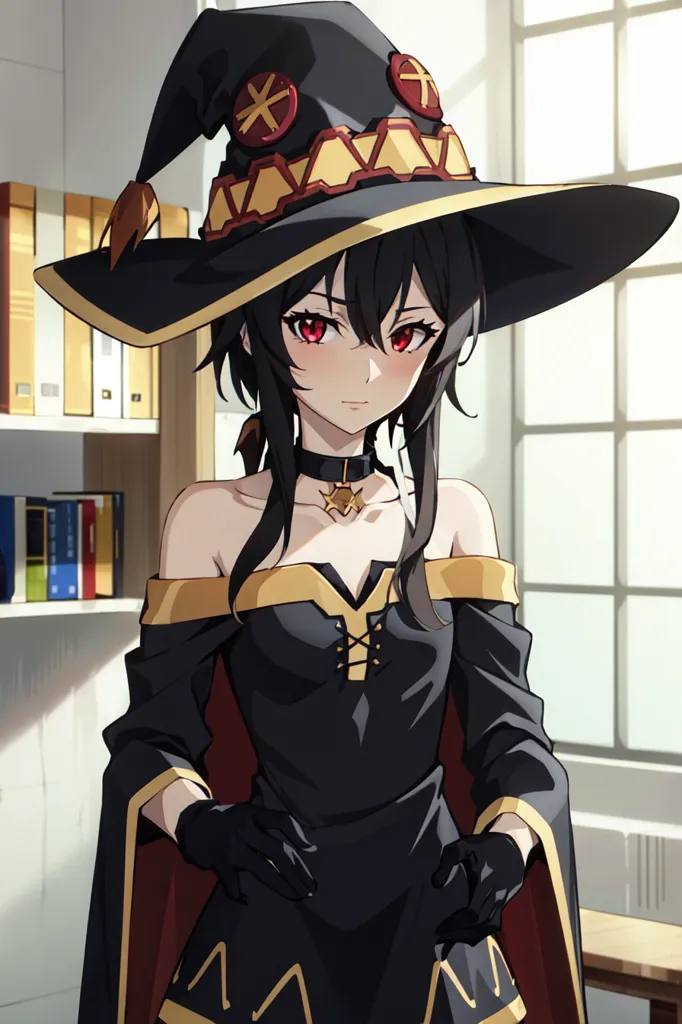 The image is of a young woman with long black hair and red eyes. She is wearing a black and red witch's hat with a white cross on the front. She is also wearing a black dress with a red and gold trim. She is standing in front of a window, and there are bookshelves on the wall behind her.