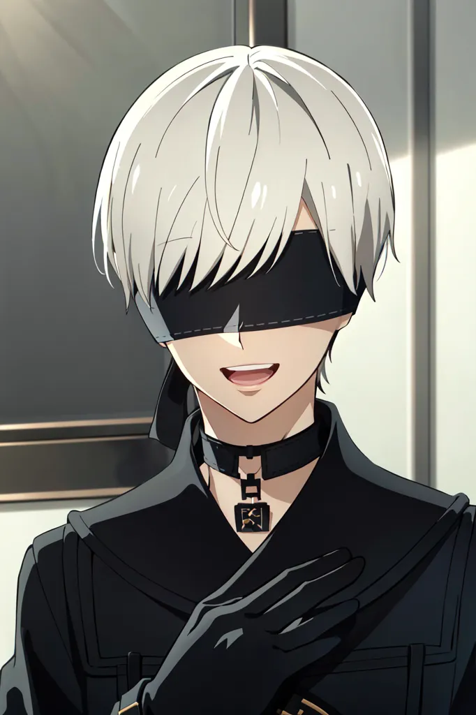 The image is of a young man with white hair and pale skin. He is wearing a black coat and a blindfold over his eyes. He has a small smile on his face. He appears to be in a state of bliss.