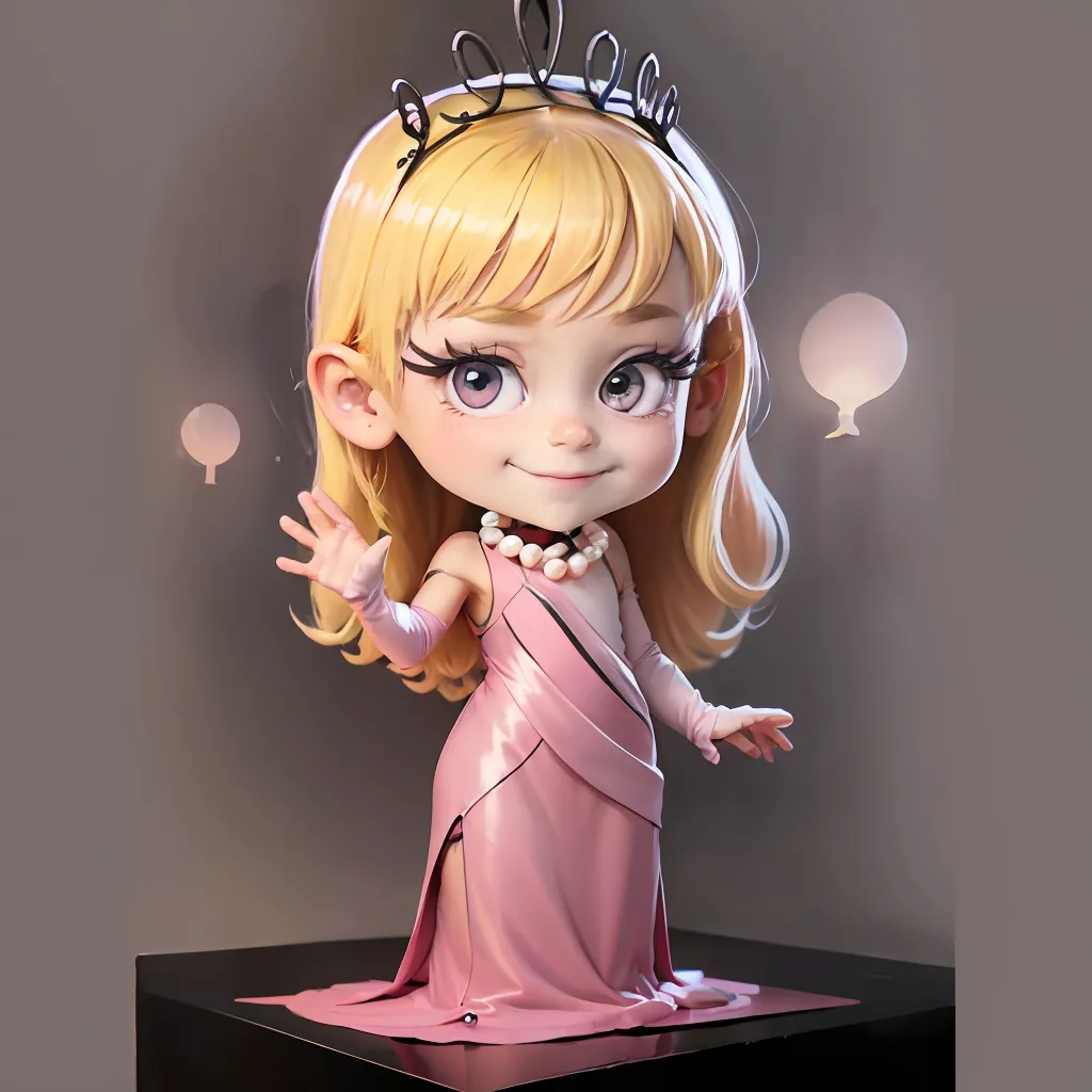 The image is a 3D rendering of a chibi girl. She has long blonde hair, purple eyes, and is wearing a pink dress with a high slit. She is also wearing a crown and has a pearl necklace on. She is standing on a black pedestal and is smiling and waving. There are two small, glowing spheres floating near her head.