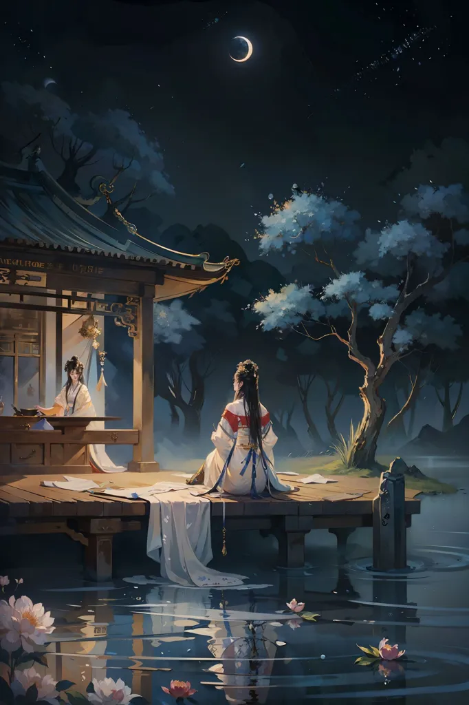 The image is a beautiful Chinese painting of a woman sitting on a dock in a lake. The woman is wearing a white dress with a red sash and has long black hair. She is sitting with her legs hanging off the dock, her feet in the water. In the background is a pavilion and a tree. The pavilion is lit up, and there is a figure inside. The tree is large and has many branches. The water in the lake is calm and still. There are some lotus flowers in the water. The sky is dark and there is a crescent moon. The overall feeling of the image is one of peace and tranquility.