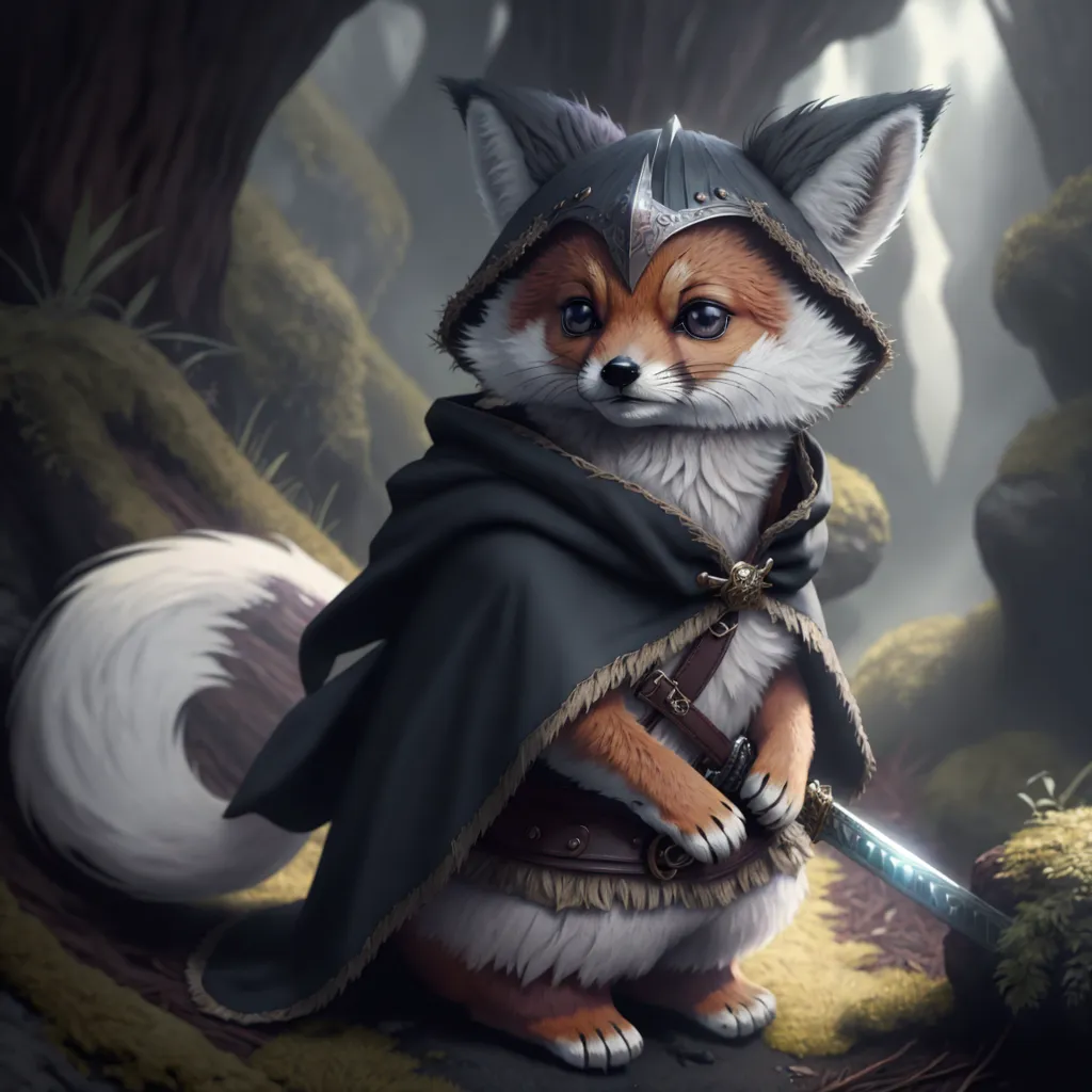 The image shows a small, furry creature that resembles a fox. It is standing in a dark forest, and is wearing a black cloak and a metal helmet. The fox is also carrying a sword. The fox's eyes are a deep blue color, and it has a white tail tip. The cloak is tattered and looks like it has seen a lot of use. The helmet is made of metal and has a visor that is pulled down over the fox's face. The sword is made of steel and has a long, sharp blade. The fox is standing in a determined pose, and it looks like it is ready for battle.